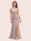 Elegant One Shoulder Mermaid Side Slit Silky Satin Evening Prom Dresses Online
