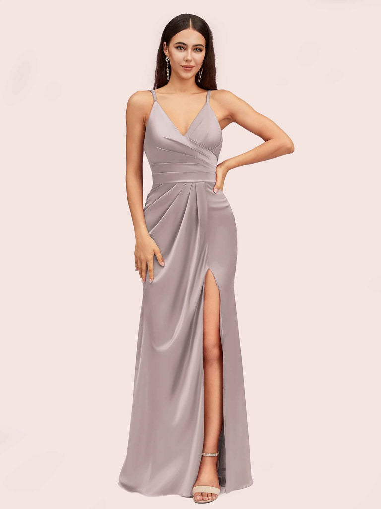 Sexy Spaghetti Straps V-neck Long Silky Soft Satin Formal Prom Dresses With Slit Sexy Spaghetti Straps V-neck Long Silky Soft Satin Formal Prom Dresses With Slit
