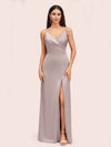 Simple Soft Satin Sexy Spaghetti Straps Long Side Slit Bridesmaid Dresses