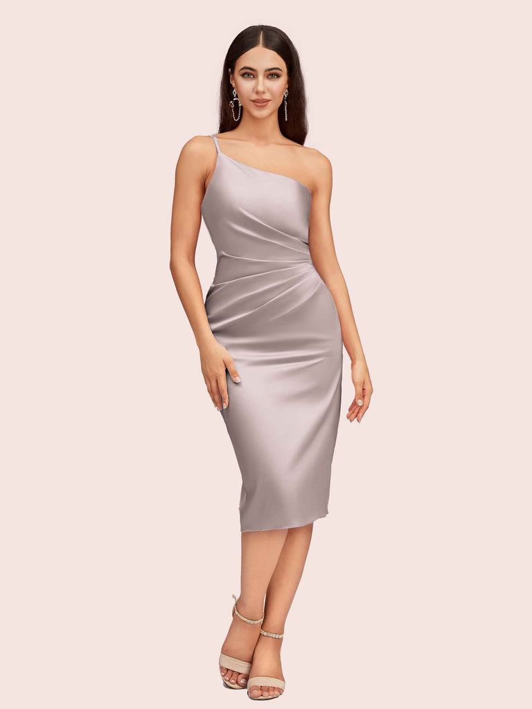 Sexy One Shoulder Silky Satin Short Midi Party Prom Dresses Online Sexy One Shoulder Silky Satin Short Midi Party Prom Dresses Online