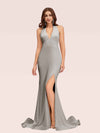 Sexy Backless Side Slit V-Neck Off Shoulder Jersey Long Mermaid Bridesmaid DressesSide Slit