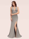 Sexy Halter Sleeveless Open Back Side Slit Stretchy Jersey Long Mermaid Bridesmaid Dresses