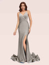 Sexy Backless Spaghetti Straps V-neck Side Slit Stretchy Jersey Long Mermaid Prom Dresses