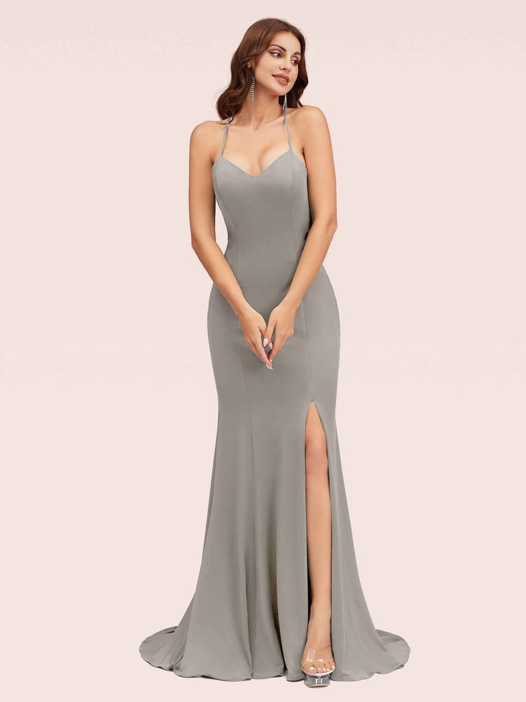 Sexy Halter Criss Cross Back Stretchy Jersey Long Mermaid Bridesmaid Dresses With Slit Sexy Halter Criss Cross Back Stretchy Jersey Long Mermaid Bridesmaid Dresses With Slit