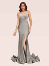 Sexy Spaghetti Straps V-neck Open Back Side Slit Stretchy Jersey Long Mermaid Bridesmaid Dresses