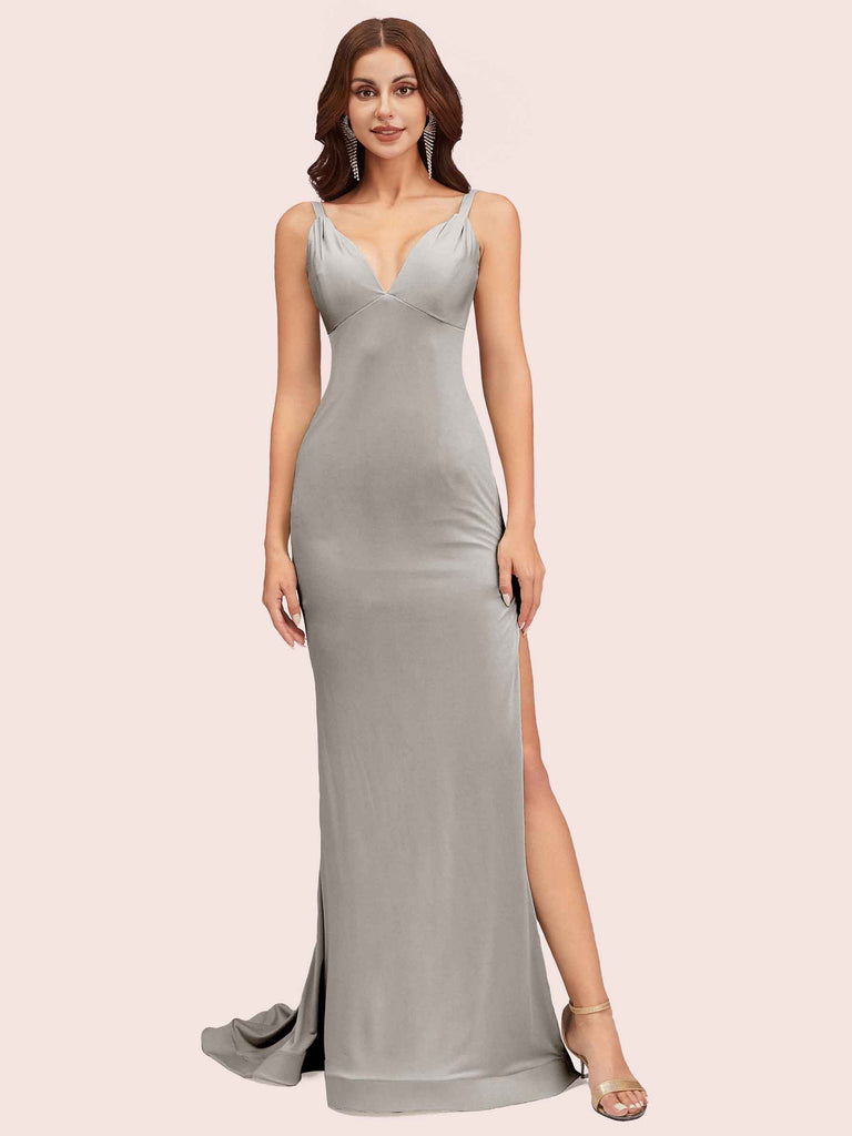 Sexy V-neck Side Slit Stretchy Jersey Long Mermaid Bridesmaid Dresses Sexy V-neck Side Slit Stretchy Jersey Long Mermaid Bridesmaid Dresses