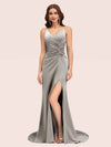 Sexy Spaghetti Straps V-neck Side Slit Stretchy Jersey Long Mermaid Bridesmaid Dresses