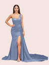 Sexy Mermaid One Shoulder Long Soft Satin Side Slit Bridesmaid Dresses For Sale