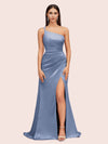 Sexy Soft Satin One Shoulder Side Slit Silky Long Mermaid Prom Dresses Online