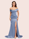 Sexy Side Slit Mermaid Off Shoulder Long Soft Satin Bridesmaid Dresses Online For Sale