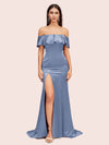 Elegant Soft Satin Off Shoulder Long Mermaid Graduation Prom Dresses With Slit