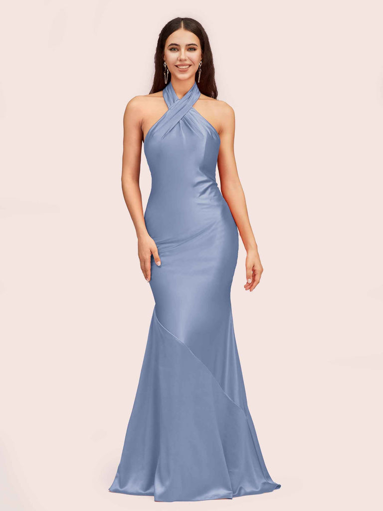 mermaid halter dusty blue long satin bridesmaid dress Mermaid Halter Dusty Blue Long Satin Bridesmaid Dress