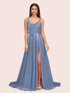 Elegant A-line Spaghetti Straps Long Silky Satin Evening Prom Dresses With Slit