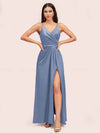 Modern Spaghetti Straps V-neck Side Slit Long Satin Party Prom Dresses With Slit