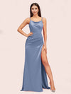 Sexy Spaghetti Straps Mermaid Long Soft Satin Graduation Prom Dresses With Slit