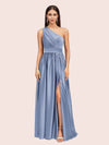 Unique One Shoulder Long Side Slit Soft Satin Graduation Prom Dresses 2023