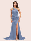 Sexy Mermaid One Shoulder Long Soft Satin Side Slit Formal Prom Dresses Online