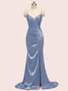 Sexy Spaghetti Straps V-neck Mermaid Long Satin Graduation Prom Dresses With Slit