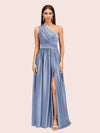 Sexy A-Line One Shoulder Long Side Slit Soft Satin Bridesmaid Dresses