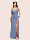 Simple Soft Satin Sexy Spaghetti Straps Long Side Slit Bridesmaid Dresses