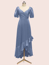 Beautiful Short Sleeves V-Neck Soft Satin Cheap Short Bridesmaid Dresses