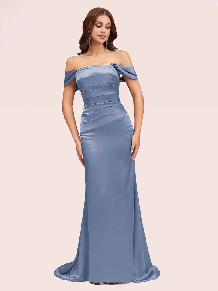 Cetims Sexy Mermaid Off Shoulder Long Silky Satin Evening Prom Dresses Online cute graduation Dresses formal gowns for women Slate Blue