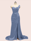 Sexy One Shoulder Long Soft Satin Mermaid Party Prom Dresses With Slit