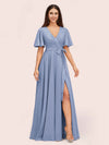 Elegant A-line V-neck Short Sleeves Long Bridesmaid Dresses With Slit