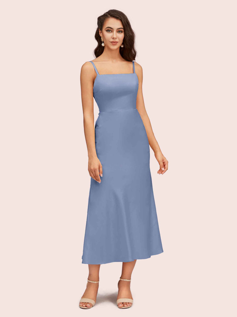 Dusty Blue Dresses For Wedding Guest A-Line Cowl Neckline Tea Length Sleeveless Spaghetti Straps Wedding Dusty Blue Dresses For Wedding Guest A-Line Cowl Neckline Tea Length Sleeveless Spaghetti Straps Wedding