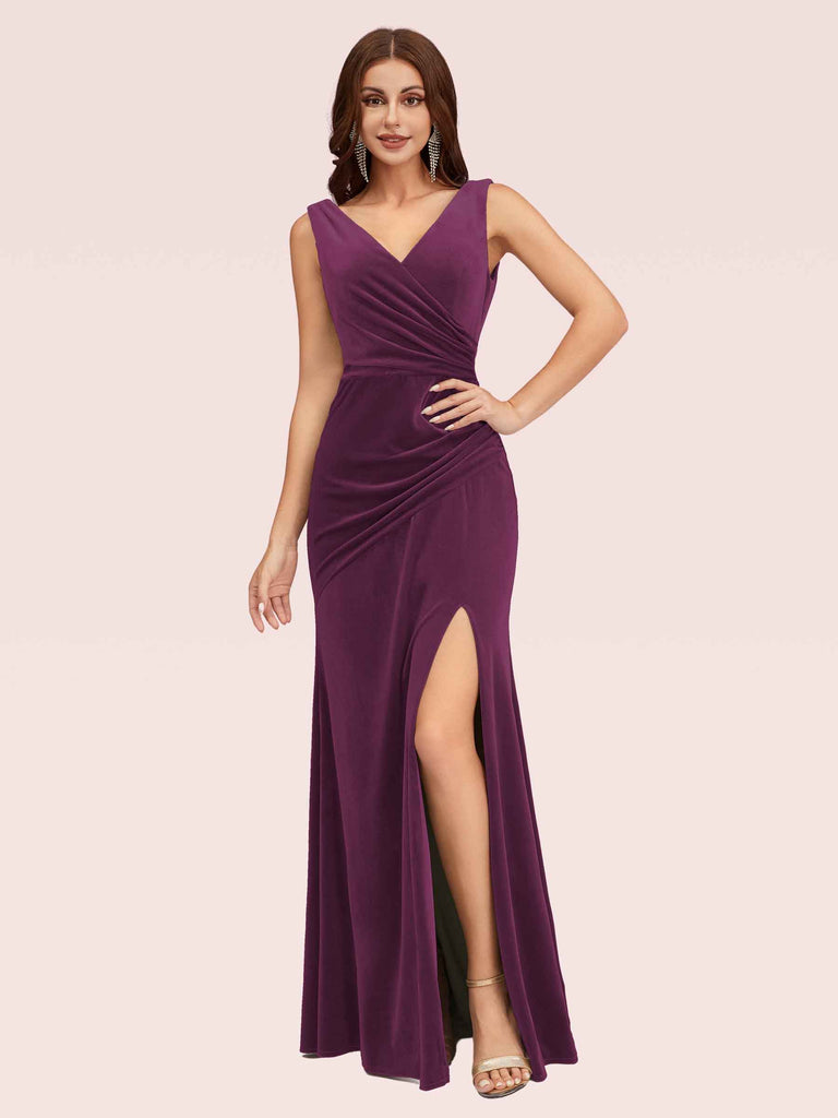 Cetims Elegant V Neck Side Split Long Velvet Bridesmaid Dress Purple