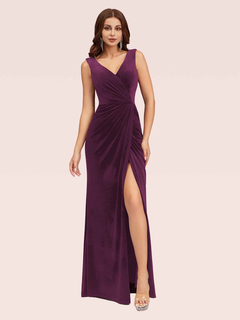 Cetims Sexy V Neck Long Velvet Bridesmaid Dresses With Slit Plum