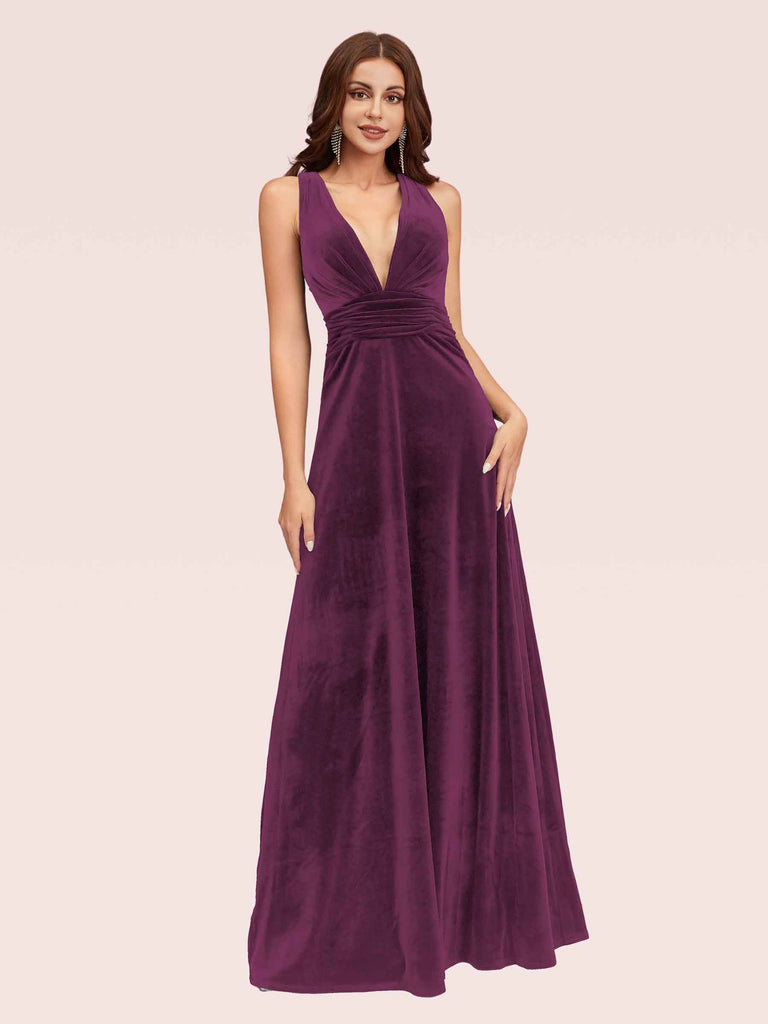 Cetims Elegant Deep V Neck Velvet Bridesmaid Dress Purple