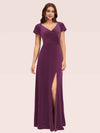 Sexy Side Slit Short Sleeves Velvet V-neck Long Bridesmaid Dresses