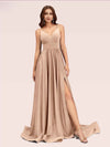 Sexy Side Slit Spaghetti Straps V-neck Jersey Long Bridesmaid Dresses Online For Sale