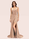 Sexy Spaghetti Straps V-neck Side Slit Stretchy Jersey Long Mermaid Bridesmaid Dresses