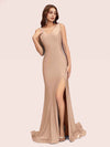 Sexy Backless V-neck Side Slit Stretchy Jersey Long Mermaid Bridesmaid Dresses