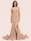 Sexy Halter V-neck Side Slit Stretchy Jersey Long Mermaid Evening Prom Dresses