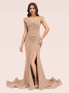 Sexy V-neck Side Slit Stretchy Jersey Long Mermaid Bridesmaid Dresses For Sale
