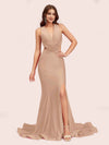 Sexy Mermaid Side Slit Deep V-neck Stretchy Jersey Long Bridesmaid Dresses Online