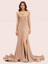 Sexy Backless Criss Cross Side Slit Stretchy Jersey Long Mermaid Bridesmaid Dresses