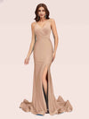 Sexy Spaghetti Straps V-neck Open Back Side Slit Stretchy Jersey Long Mermaid Bridesmaid Dresses
