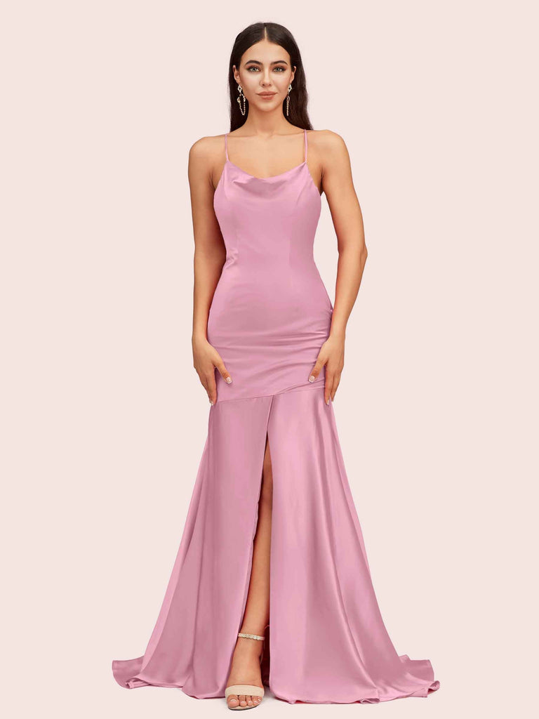 Sexy Backless Mermaid Spaghetti Straps Long Soft Satin Prom Dresses With Slit