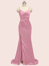 Fancy Spaghetti Straps Mermaid Long Soft Satin Girls Party Prom Dresses Online With Slit