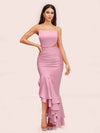 Sexy Unique Mermaid Spaghetti Straps Asymmetrical Soft Satin Bridesmaid Dresses