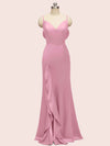 Sexy Mermaid Spaghetti Strap V-neck Long Soft Satin Prom Dresses With Slit