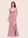 Sexy Open Back Mermaid Short Sleeves Long Silky Satin Formal Prom Dresses Online