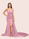 Sexy Mermaid One Shoulder Long Soft Satin Side Slit Bridesmaid Dresses