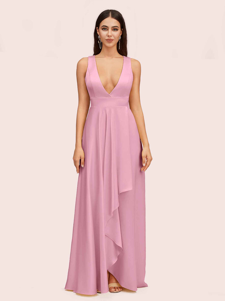 Elegant A-Line V-Neck Long Soft Satin Bridesmaid Dresses Online