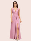 Sexy V-neck Long Side Slit Soft Satin Bridesmaid Dresses Online