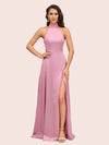 Elegant Halter Open Back Long Side Split Long Soft Satin Formal Prom Dresses